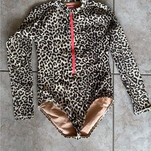 Crewcuts Girls' Leopard Print Bathing Suit Rash Guard with Pink Trim